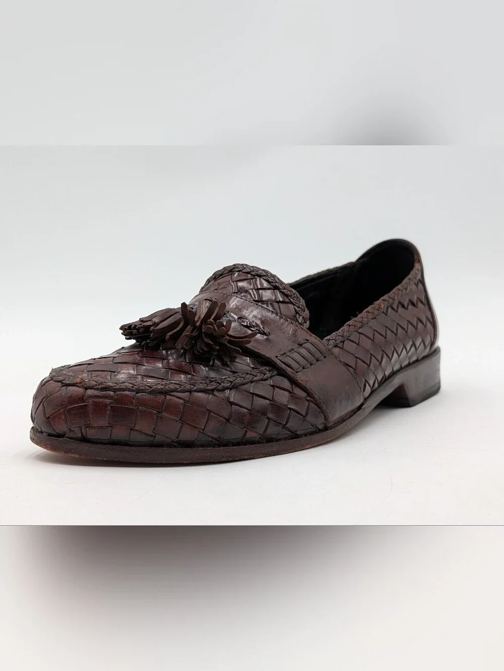 Bragano Size 10M Men's Oxblood-Brown Woven Leather Tassel Loafers Made in Italy